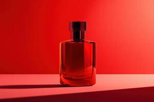 Red Perfume Bottle on Red Background photo