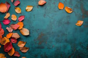 Autumn Leaves on a Teal Background with Copy Space photo