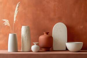 Still life with white vases, a bowl, and a terracotta vase against an orange wall photo