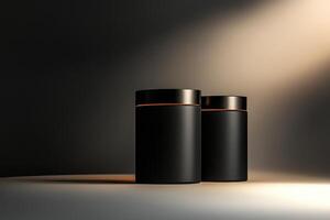 Two Black Cylindrical Containers with Orange Accents on a White Surface photo