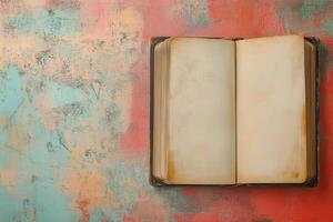 Open Antique Book on a Colorful Textured Surface photo