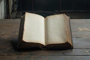 Open Antique Book on a Rustic Wooden Surface photo