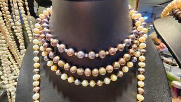 Elegant Multi-Strand Necklace Display with Assorted Pearl Colors photo