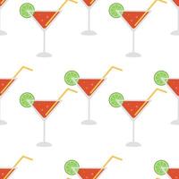 Seamless pattern with Cosmopolitan cocktails with lime and straw on white background. Summer refreshing alcoholic drink. Design for bar. Flat illustration for wallpaper, textile, packaging vector