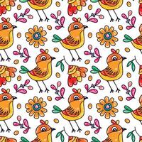 Seamless children's pattern with colorful funny drawings of birds and flowers. A pattern with cute children's drawings. vector