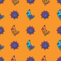 Bright, cheerful pattern. Drawings of flowers, birds and leaves on an orange background for fabric design. vector