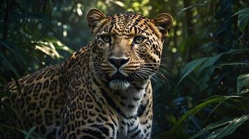A hyper-realistic digital painting of an exotic leopard gracefully prowling through a dark, shadowed jungle photo