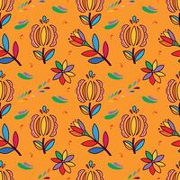 Bright, cheerful, twig pattern. Drawings of flowers and leaves on a yellow background for fabric design. vector