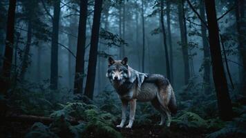 A hyper-realistic, cinematic portrayal of a majestic wolf standing alert in a mist-covered forest under a full moon photo