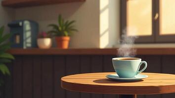 A realistic digital illustration of a quaint coffee shop corner featuring a steaming cup of coffee on a rustic wooden table photo