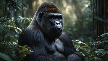 A hyper-realistic cinematic illustration of a powerful gorilla sitting contemplatively in a dimly lit, ancient forest photo