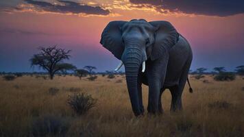 A hyper-realistic digital illustration of a gentle elephant standing amidst a vast savanna at twilight photo