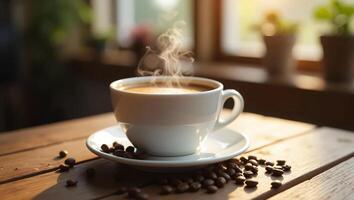 A hyper-realistic photograph capturing a freshly brewed cup of coffee in a pristine white porcelain mug, placed on a rustic wooden table. photo