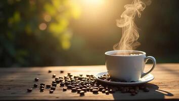 A high-resolution, realistic photograph of a steaming mug of coffee placed on a weathered wooden table photo
