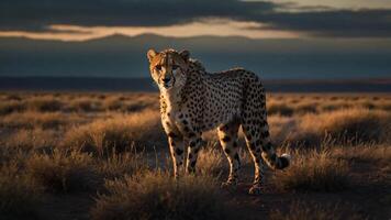 A hyper-realistic cinematic scene featuring a sleek cheetah poised on the edge of the dark plains at dusk photo