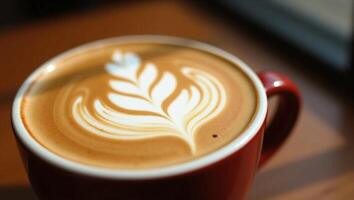 A hyper-detailed close-up of a latte in a stylish cup, showcasing intricate foam art with delicate patterns photo