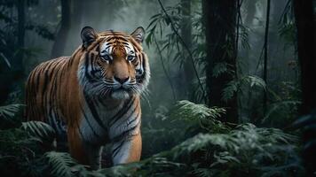 A hyper-realistic digital rendering of a Siberian tiger stealthily moving through a misty, dark jungle photo