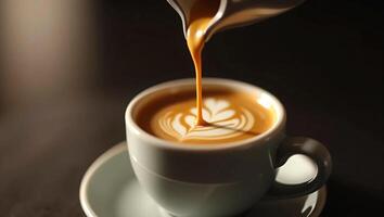 A hyper-realistic digital photograph capturing the moment an espresso shot is poured into a small cup photo