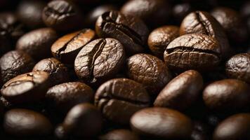 A cinematic, close-up view of freshly roasted coffee beans scattered on a dark, textured surface photo