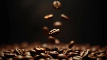 A dynamic, cinematic scene featuring coffee beans in mid-air as if tossed during the roasting process. photo