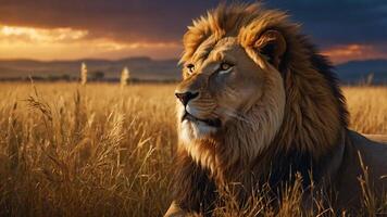 A hyper-realistic digital illustration in a cinematic style featuring a majestic wild lion in the heart of the African savanna photo