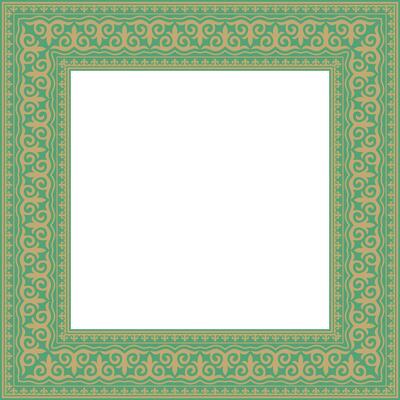 gold with green square Kazakh national ornament. Ethnic pattern of peoples of the Great Steppe,