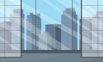 Open space interior with partitions and view of buildings. Commercial property for rent. vector