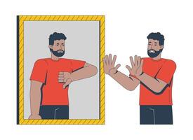 Low self esteem mirror 2D illustration concept. Insecurity, inner critic. Mental health. Black man facing harsh negative self-image cartoon character isolated on white. Flat abstract graphic vector