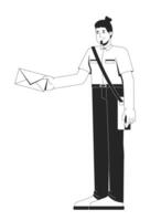 Caucasian male mail carrier delivering letter 2D line character. Postal worker man with envelope wearing uniform and shoulder bag isolated ink outline person. Monochromatic spot illustration vector