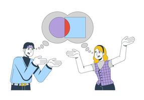 Miscommunication and disagreement 2D illustration concept. Interpersonal communication. Arguing people conflicting thought bubble cartoon characters isolated on white. Flat abstract graphic vector