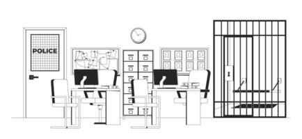 Police station interior with jail cell outline illustration. Work desks, computers, filing cabinet, suspect board investigation 2D line scene isolated on white. Monochrome ink linear image vector