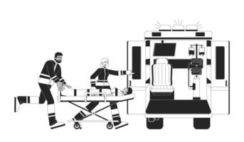 Paramedics loading patient into ambulance outline illustration. Urgent care. Medical first responders with emergency stretcher 2D line characters isolated on white. Monochrome ink linear image vector