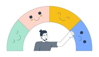 Mood tracking 2D illustration concept. Emotional awareness. Wellbeing tracker. Self regulation. Man choosing emotions from spectrum cartoon character isolated on white. Flat abstract graphic vector