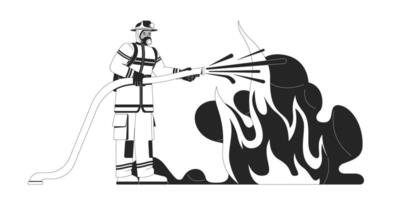 Firefighter extinguishing large fire outline illustration. Fireman in protective gear spraying water from fire hose to flames 2D line character isolated on white. Monochrome ink linear image vector