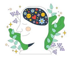 Mental health 2D illustration concept. Peaceful mind with positive thoughts. Mindfulness, positivity. Calm smiling face with flowers cartoon character isolated on white. Flat abstract graphic vector