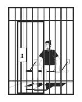 Arrested suspect man sitting in jail cell behind bars 2D line character. Prison inmate, incarceration, detention. Prisoner bench isolated ink outline person. Monochromatic spot illustration vector