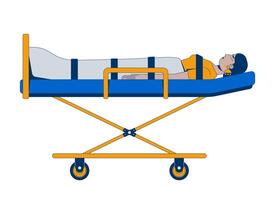 Indian woman patient lying on paramedic stretcher 2D cartoon character. Medical emergency. Hindu female injured transportation flat person isolated on white. Spot illustration colorful vector