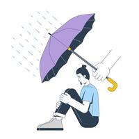 Support during mental health crisis 2D illustration concept. Protection in difficult times. Hand holding umbrella over depressed man cartoon character isolated on white. Flat abstract graphic vector