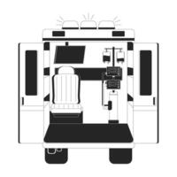 Inside view of ambulance with medical equipment 2D line object. Monitoring screens, IV bags, paramedic seat in hospital vehicle isolated clipart ink outline item. Monochrome spot illustration vector