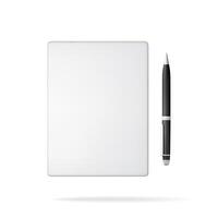 3d white blank paper page with black pen isolated. Render paper sheet with ballpoint pen. Empty document, mail, notes or letters mockup vector