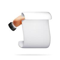 3D white paper scroll in hand isolated. Vintage scrolled script with copy space blank. Render empty financial bill, paper sheet or receipt. Manuscript document template. vector