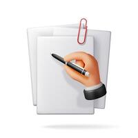 3d white blank paper page and hand with pen isolated. Render heap of paper sheet and pen. Empty document, mail, notes or letters mockup vector