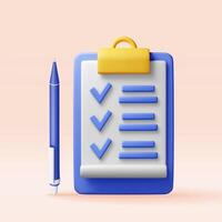 3D paper clipboard holder with checklist symbol and pen. Clipboard with paper sheet and check mark icon. 3D work project plan, productivity checklist. Task management to do list. vector