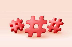 3d red realistic hashtag symbol isolated on white. Render hash tag icon for social media. Chat message, communication, ad, search and online community vector
