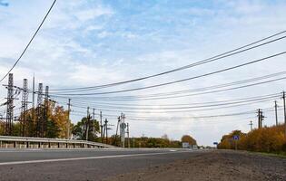 High voltage power lines leadi Transmission of electricity photo