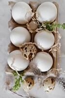 Easter eggs . Happy Easter. Natural dyed colorful eggs in paper tray with linen napkin and spring flowers in rustic room. Countryside still life photo