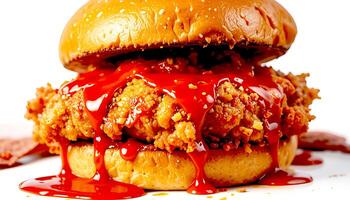Crispy chicken burger dripping in chili sauce photo