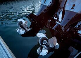 Engine. Speed boat engine with propeller details photo