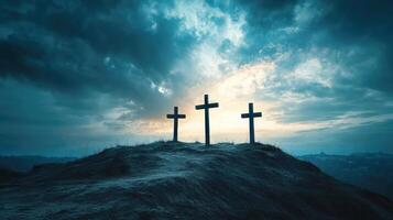 Three Crosses Silhouetted Against Dramatic Stormy Sky at Dusk photo