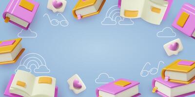 3d books reading background with flying children books hearts rainbows and clouds vector